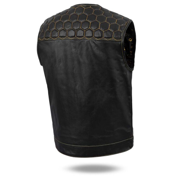 Men's Gold Diamond Stitch Leather Motorcycle Vest - Image 3