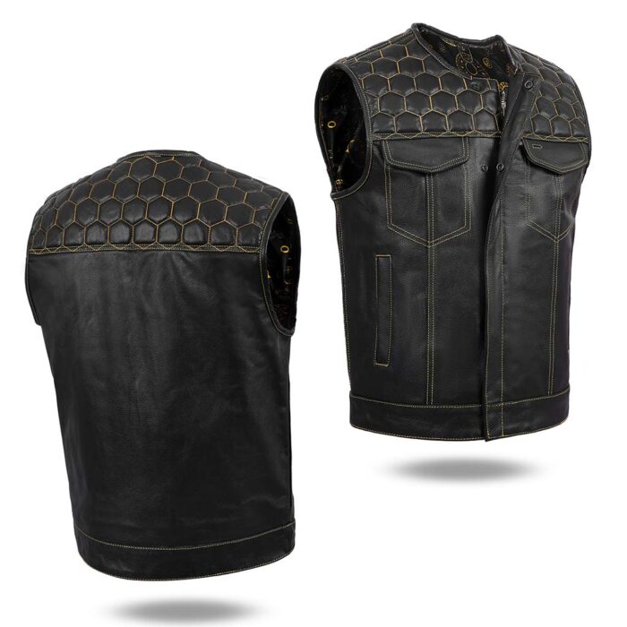 Men's Gold Diamond Stitch Leather Motorcycle Vest - Image 4