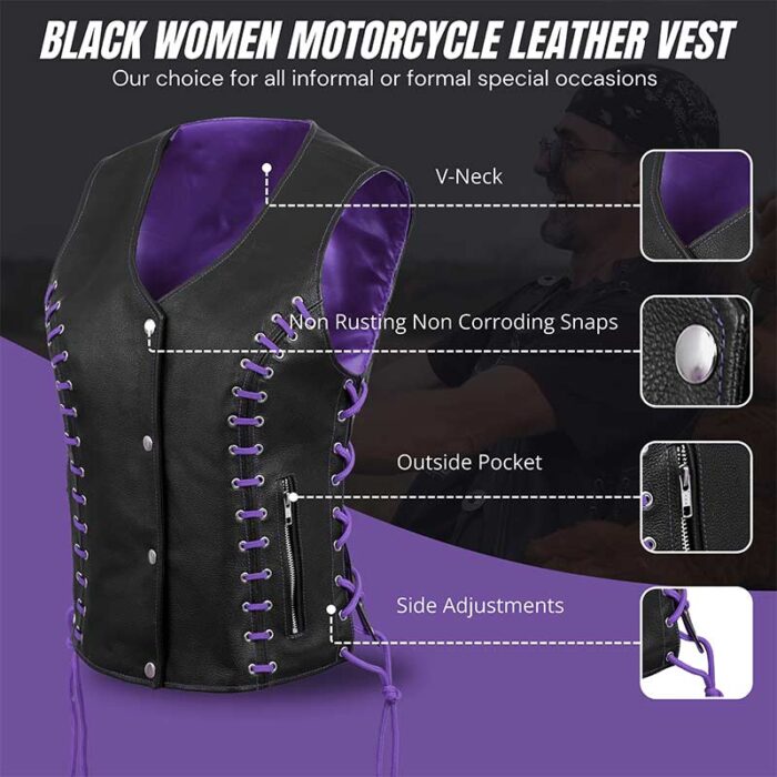 Women's Black Leather Side Lace Biker Vest with Purple Lining - Image 5