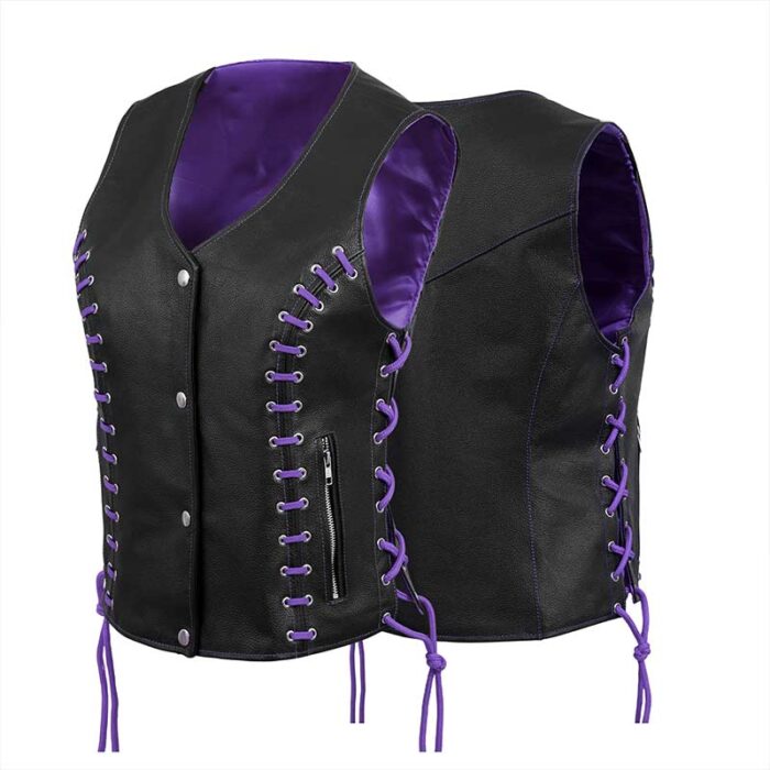 Women's Black Leather Side Lace Biker Vest with Purple Lining - Image 4