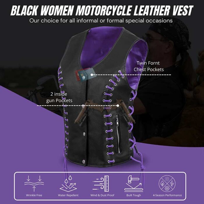 Women's Black Leather Side Lace Biker Vest with Purple Lining - Image 3