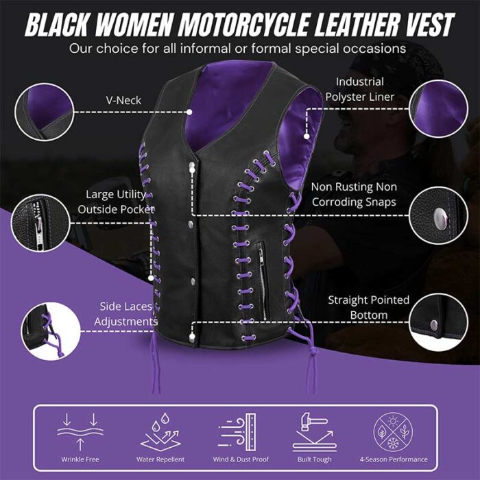 Women's Black Leather Side Lace Biker Vest with Purple Lining - Image 2
