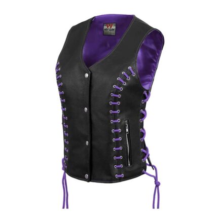 Women's Black Leather Side Lace Biker Vest with Purple Lining